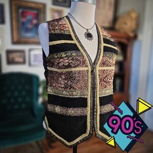 Vintage 90s Gantos Suede Tapestry Vest Womens Medium Black Gold Zip Front